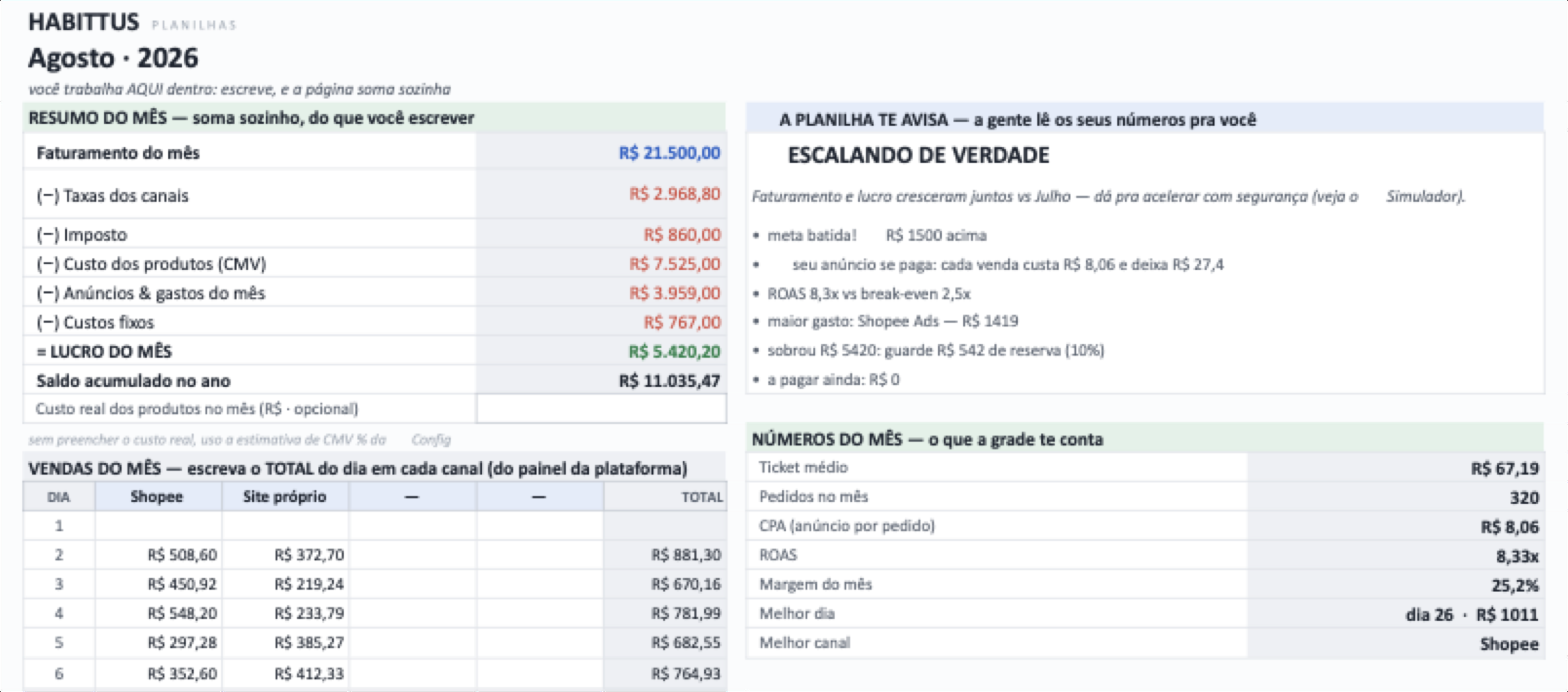 A aba do mês: o resumo que desce do faturamento ao lucro, o bloco a planilha te avisa e os números do mês